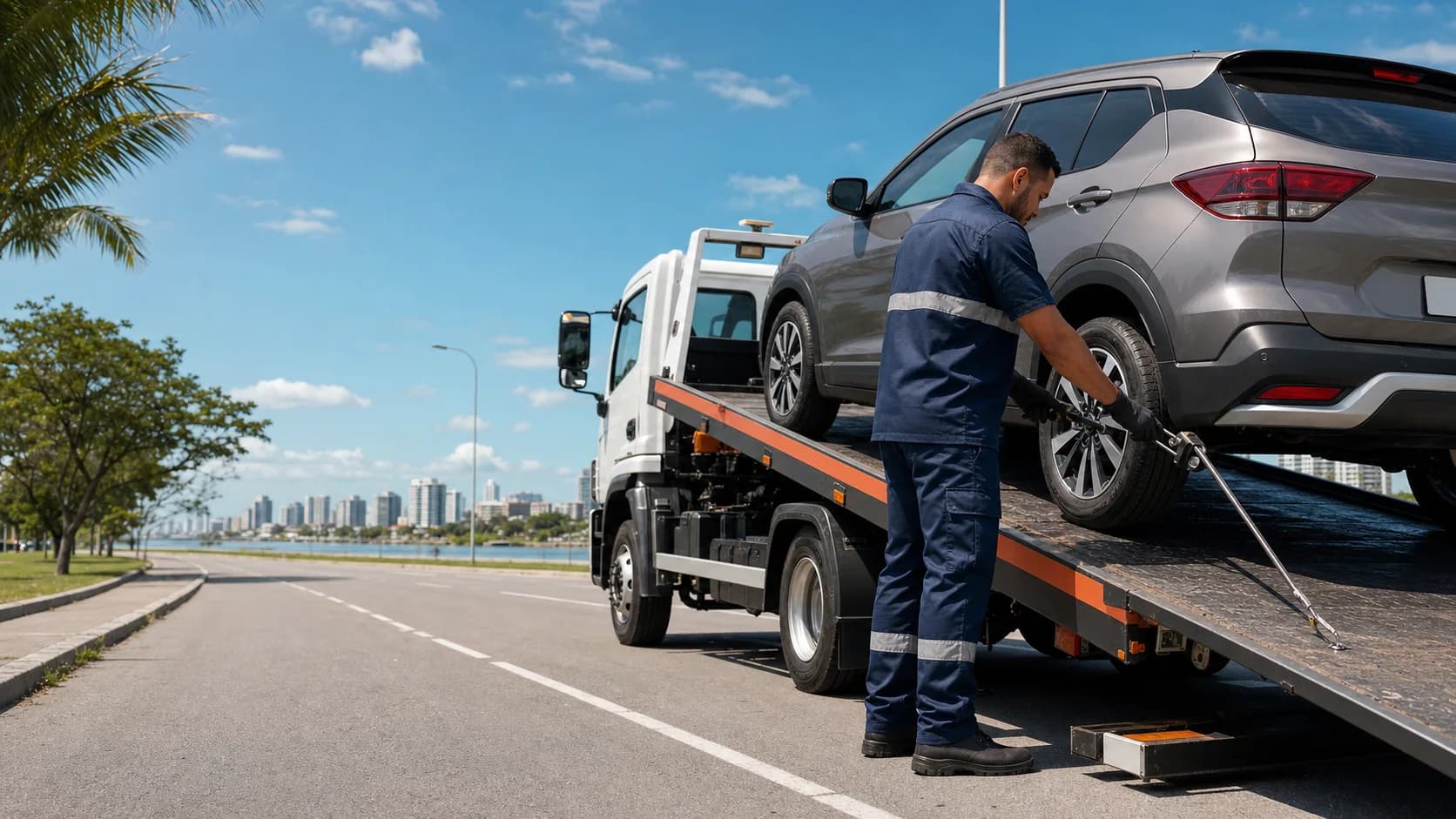 Operador de socorro veicular carregando um automóvel em uma plataforma de reboque